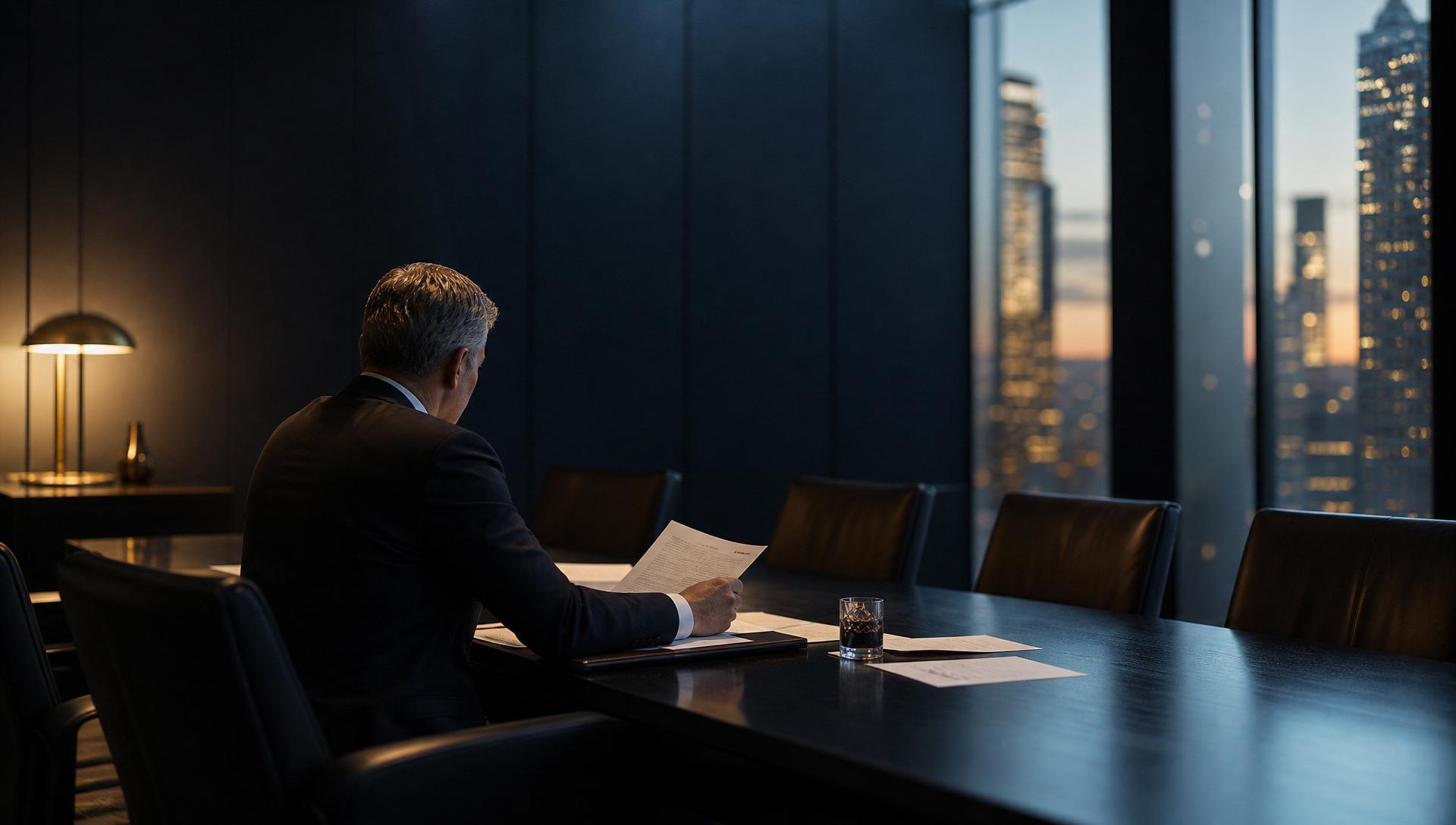Executivo revisando estratégia comercial em sala de reunião